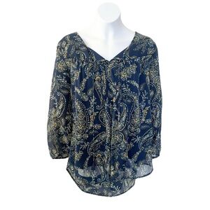 St. John's Bay - Blue Paisley Print V-Neck Blouse - Size Large - Boho Chic